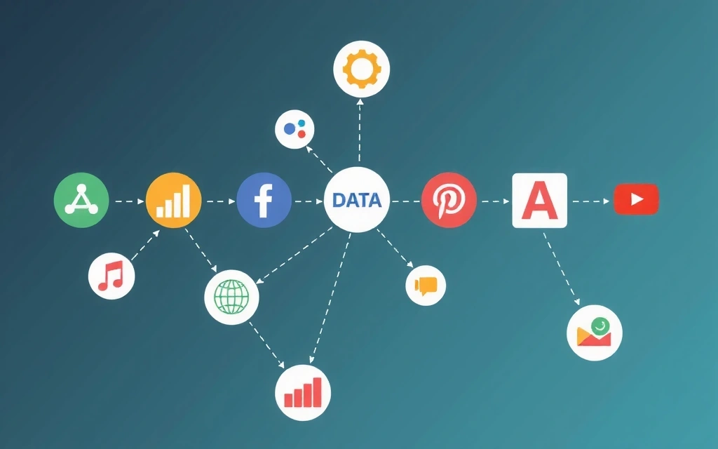 Ein Netzwerk von verbundenen Symbolen, die verschiedene Online-Dienste und Datenflüsse darstellen.