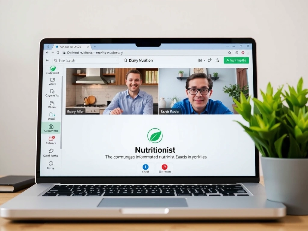 Laptop-Bildschirm mit einer Videokonferenz-Sitzung zwischen einer Ernährungsberaterin und einem Klienten, der von zu Hause aus teilnimmt.