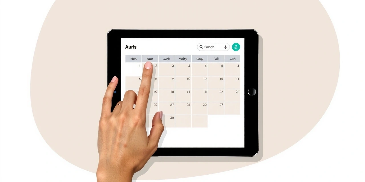 Kalender-Symbol oder Person, die einen Termin auf einem Tablet plant