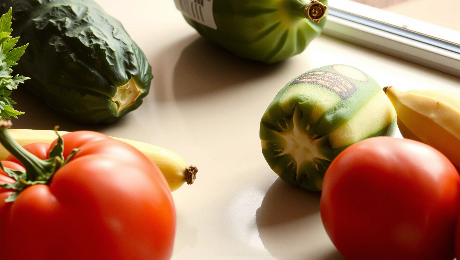 Healthy, fresh food composition in warm, natural light, minimalistic, no text or symbols.