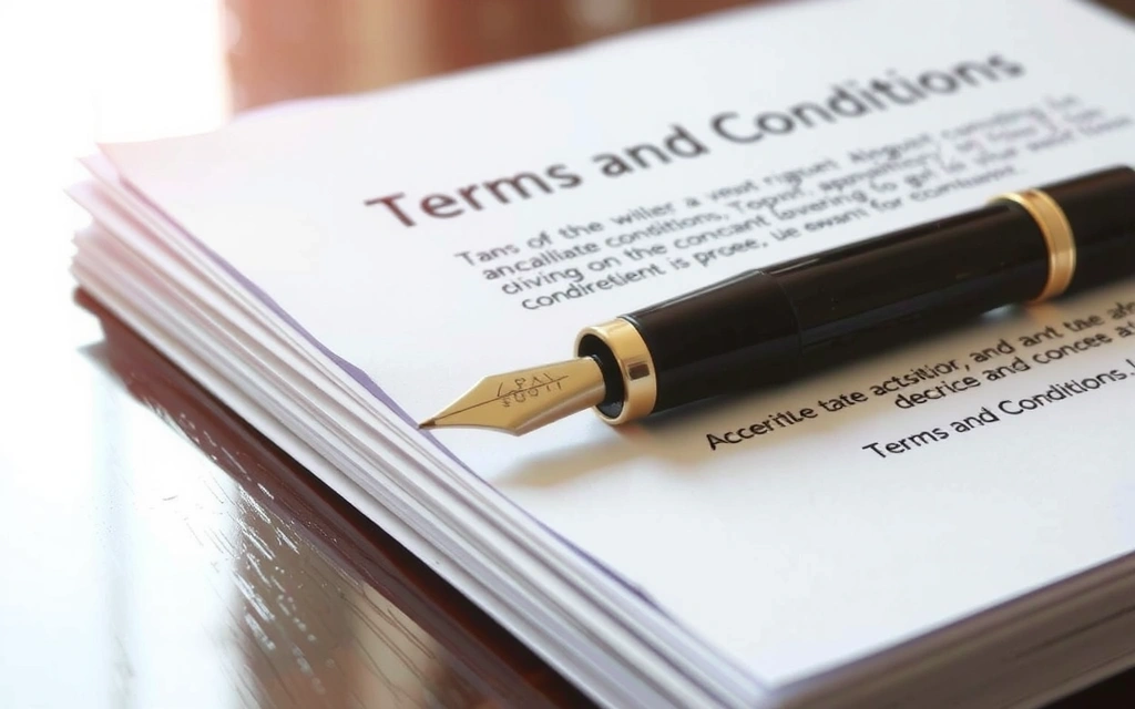 Rechtsdokumente und ein Stift, symbolisieren die Bedeutung der rechtlichen Bedingungen.